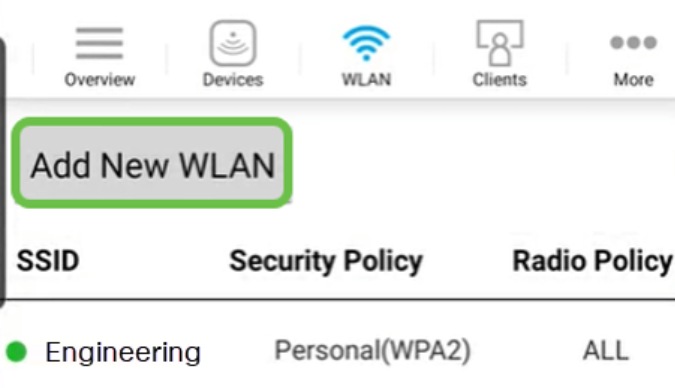 The Add New WLAN screen opens. You will see the existing WLANs. Select Add New WLAN. 
