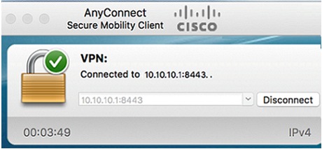 The AnyConnect window should now indicate the successful VPN connection to the network.