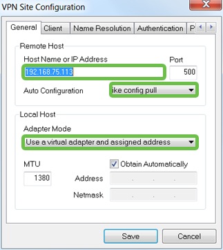 VPN Site Configuration in Shrewsoft. Highlighted is the IP address, auto Configuration drop-down box as well as the Adapter Mode drop-down box.