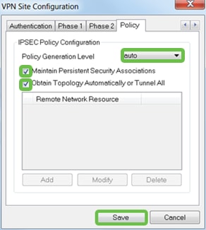 Policy tab, Policy Generation Level set to auto, toggles for maintain persistent security associations and obtain topology automatically or tunnel all are active.