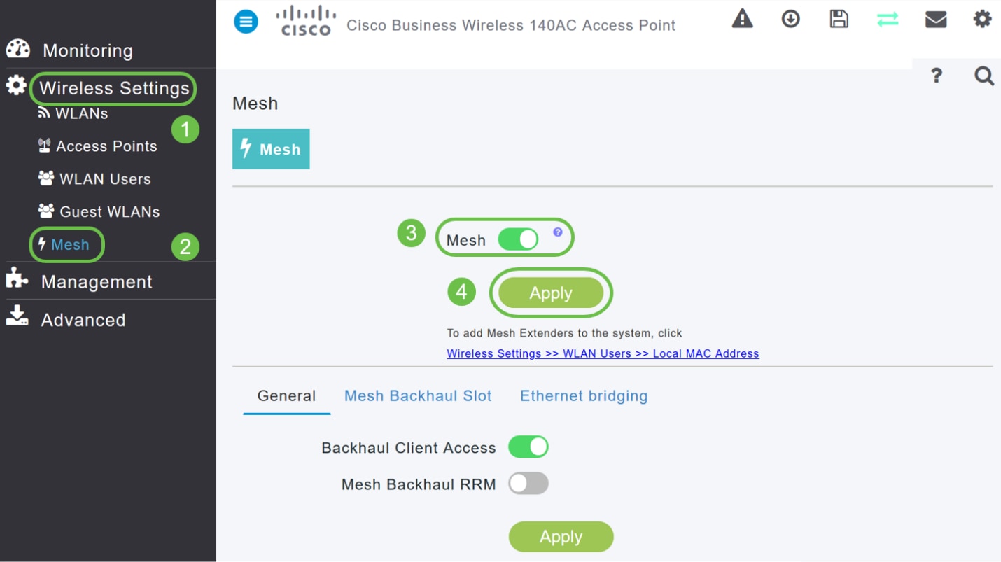 Navigate to Wireless Settings > Mesh. Make sure the Mesh is Enabled. Click Apply.