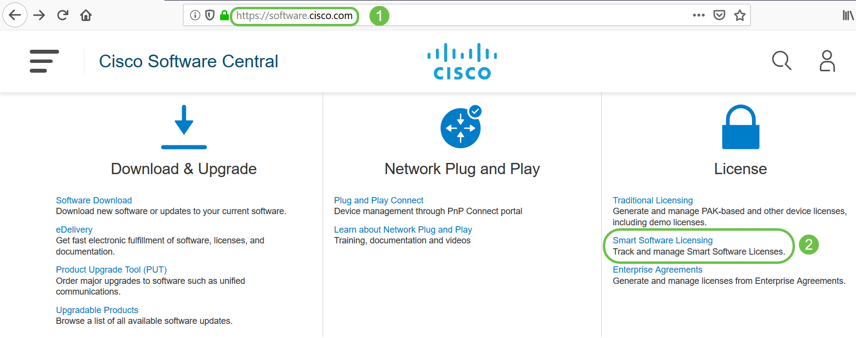 Access Cisco Software and navigate to Smart Software Licensing.