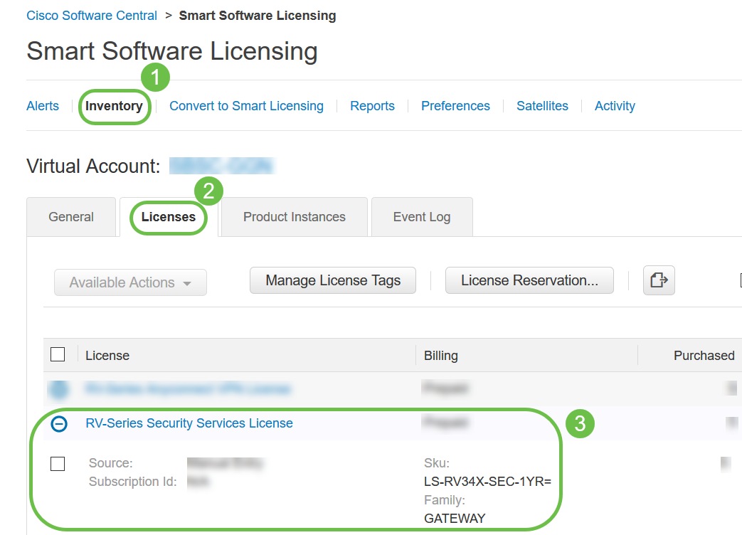 Navigate to Inventory > Licenses and verify that the RV-Series Security Services License is listed on your Smart Account. If you do not see the license listed, contact your Cisco partner.