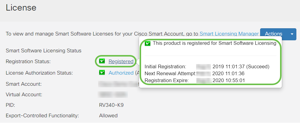 To view more detail of the Registration Status of the license, hover your pointer over the Registered status. A dialog message appears with details. 
