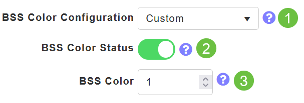 Alternatively, you can set BSS Color Configuration to Custom, and then enable or disable BSS Color Status on a radio-by-radio basis and set the BSS Color to a fixed value. 