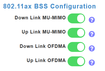 Under 802.11ax BSS Configuration section, you can see if that WLAN is configured to support up link and down link Multiuser Multiple Input Multiple Output (MU-MIMO) and Orthogonal Frequency Division Multiple Access (OFDMA). 