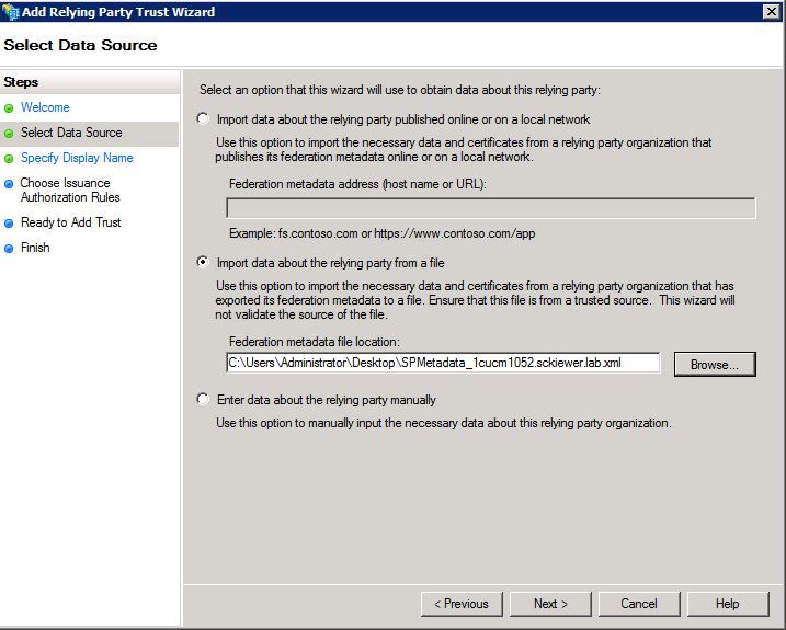 SSO with CUCM and AD FS - Import CUCM metadata to AD FS server - Select data source