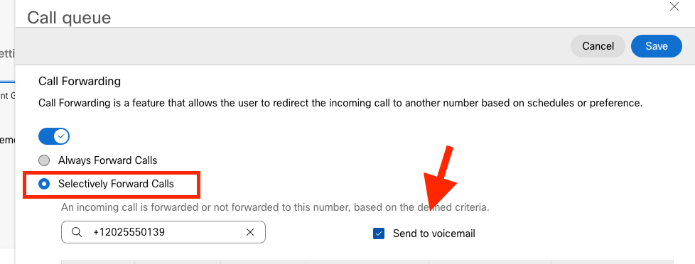 Select Selectively Forward Calls send to Voicemail