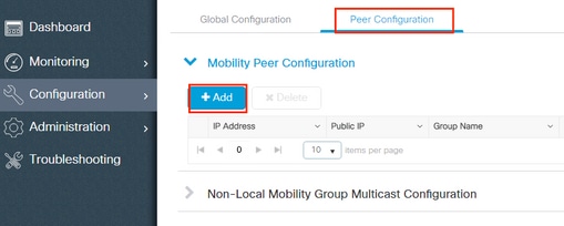 Mobility peer configuration page on 9800