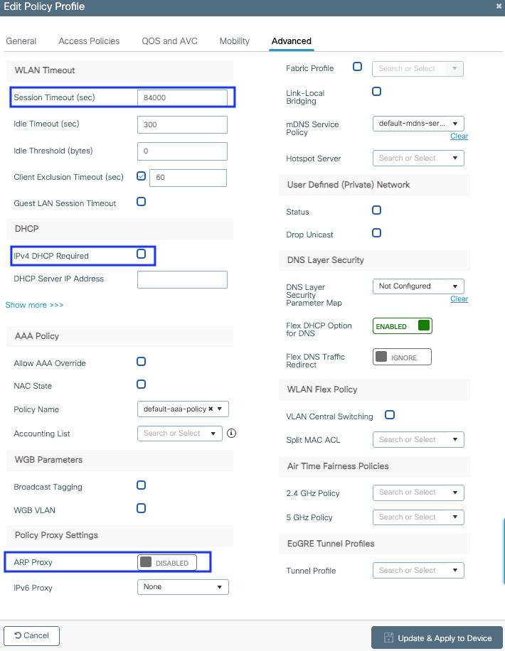 Flex local switching policy profile advanced settings