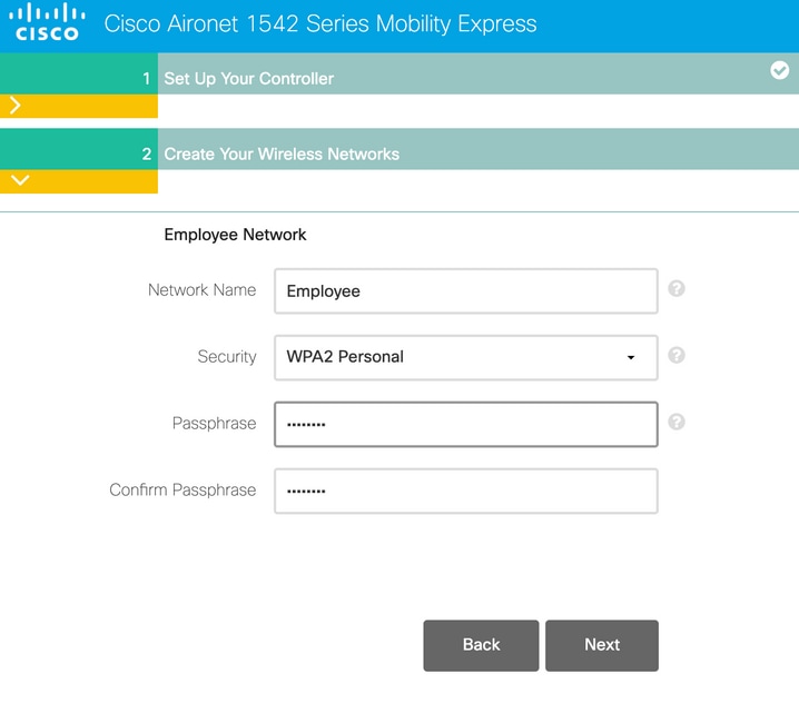 Mobility Express initial wizard page 2