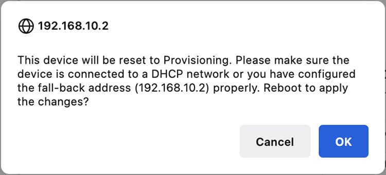 The image illustrates the process of entering alternative network settings for a device in provisioning mode, including fields for Local IP, Local Netmask, Default Gateway, and Local DNS values. A reboot confirmation pop-up is also shown, prompting the user to click OK or Reset.
