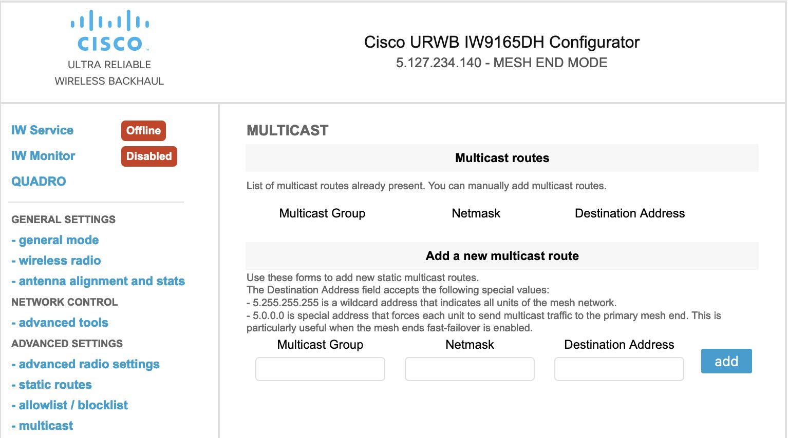 The configuration interface for MULTICAST settings displays the netmask field and options for specifying MULTICAST addresses, indicating successful application of the routing configuration.