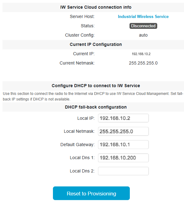 The device configurator interface displays the device's status and blinking LEDs while in provisioning mode, indicating its current operational state.