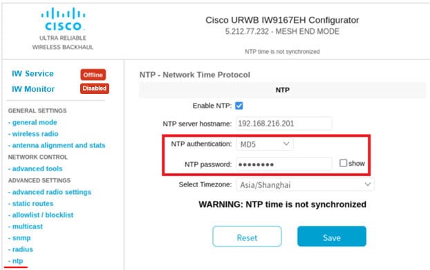 The graphical user interface for configuring Network Time Protocol (NTP) settings, illustrating options for synchronizing device clocks with network time servers.