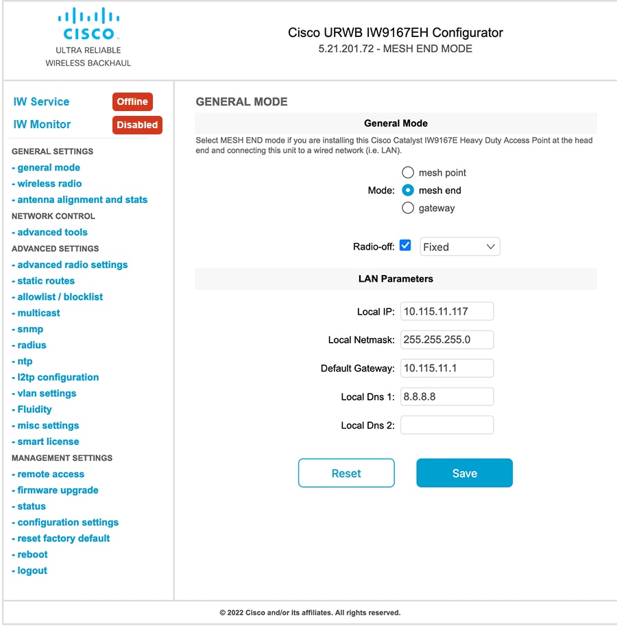 The GUI displays the configuration options for enabling radio-off mode on Catalyst IW9167E access points, highlighting the selected mode settings for optimizing the wireless network setup.