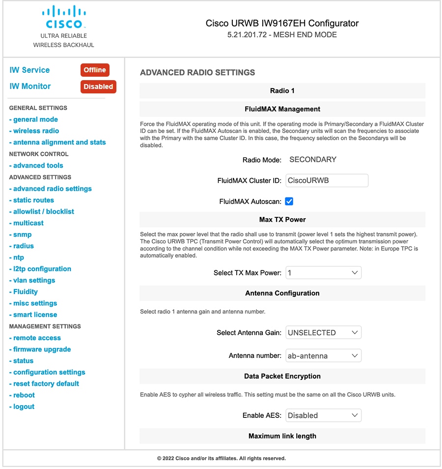 The ADVANCED RADIO SETTINGS interface displays options for configuring FluidMAX Autoscan, Max TX Power, and TPC settings for secondary devices in a radio network.