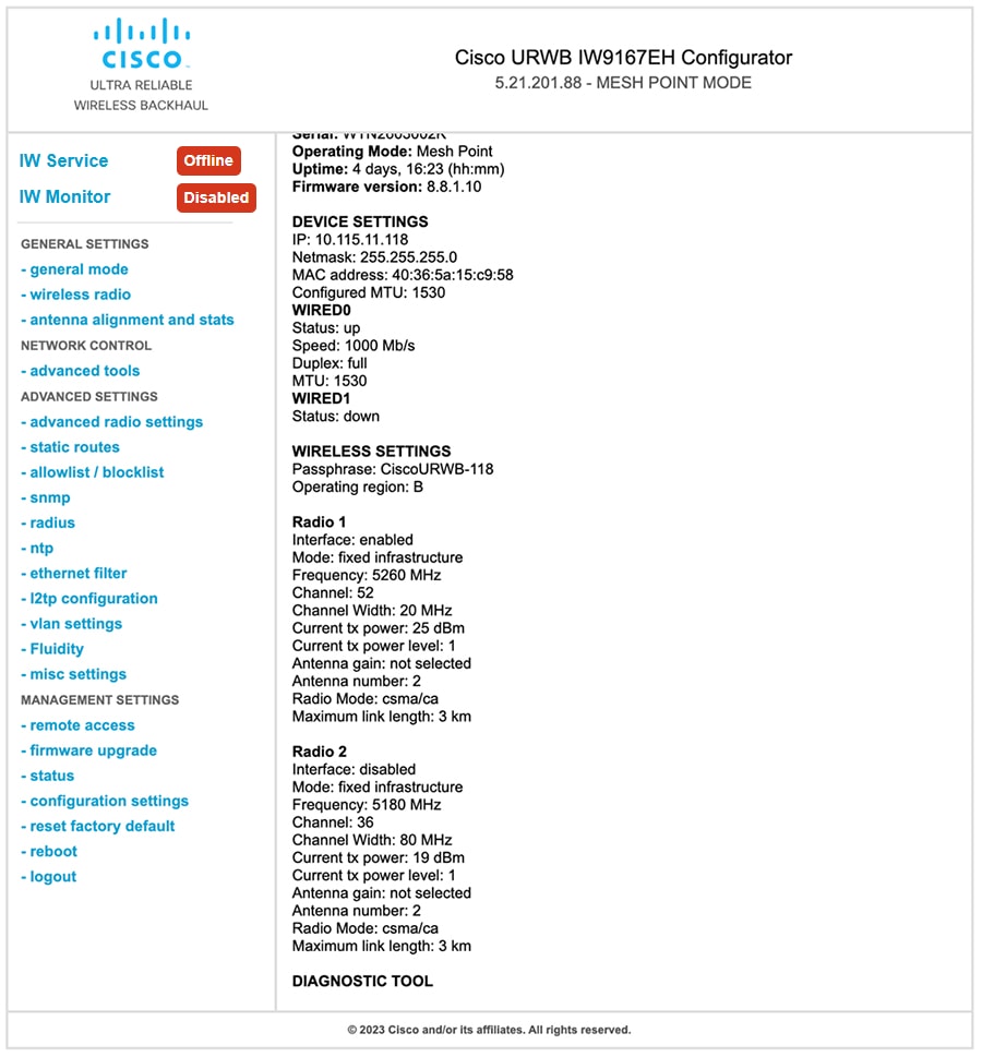 The image displays the status of the radio channel and bandwidth configuration, along with specific information for each wireless interface.