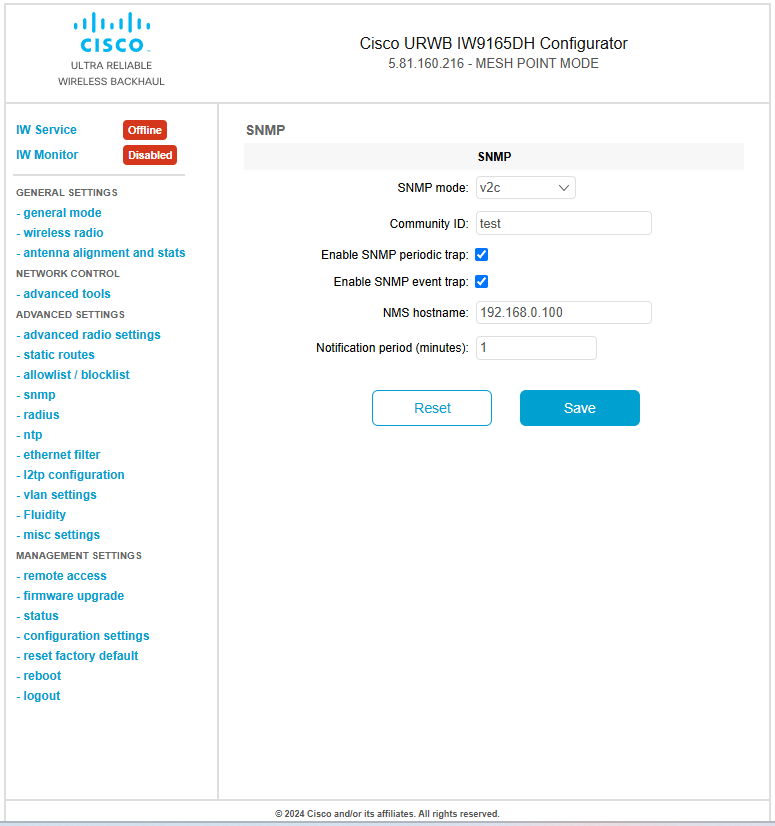 The image illustrates the graphical user interface for configuring SNMP version v2c on an access point, highlighting the necessary fields and options for setting the community identity value.