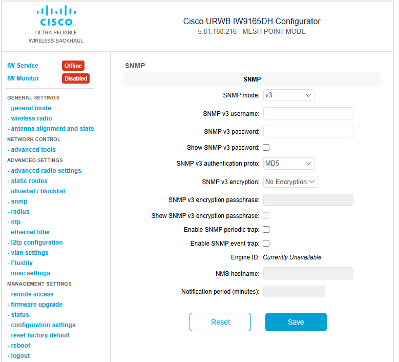 The configuration interface for SNMP version v3, showing options for setting up secure network monitoring and management of access points.