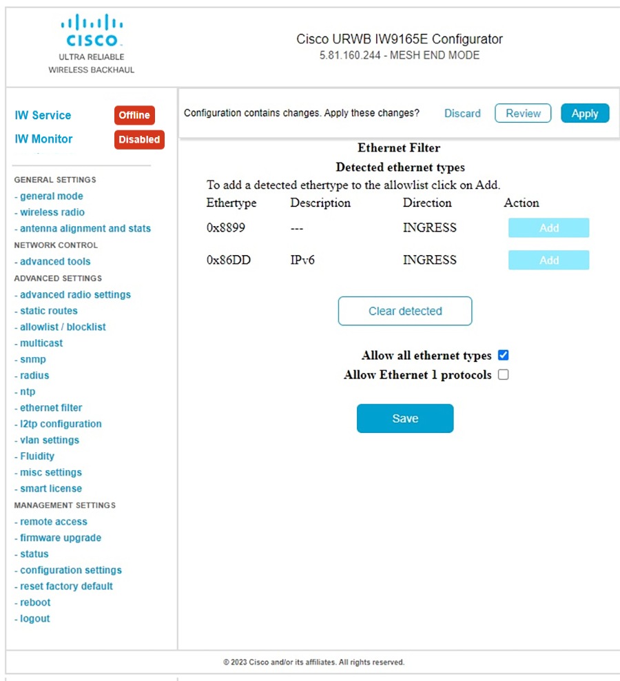 The Ethernet Filter window displays options for adding various Ethernet types to the allowlist.