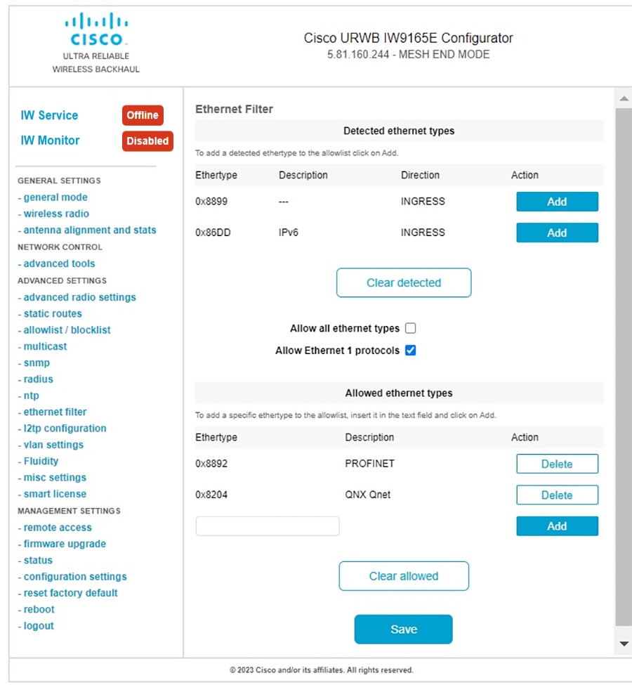 The configuration interface displays the successful application of the Ethernet filter settings, including specified Ethernet types and protocol allowlists.