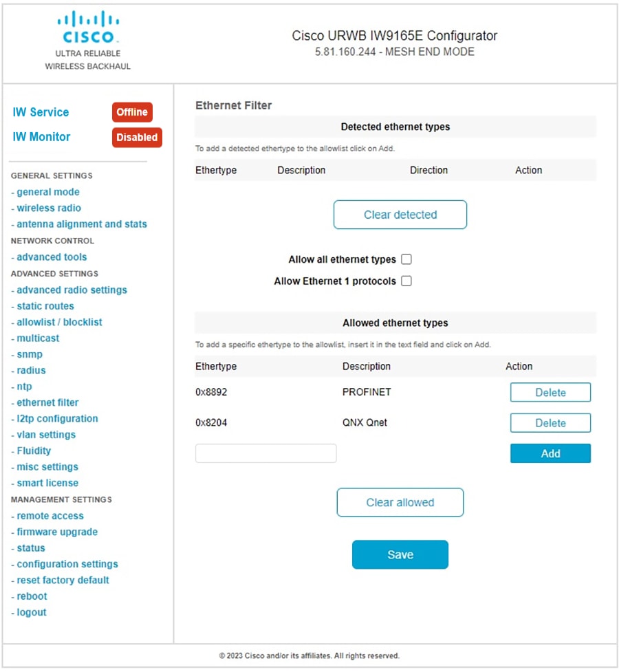 The Ethernet Filter window displays the cleared detected ethernet types in the allowlist after clicking the Clear detected button.