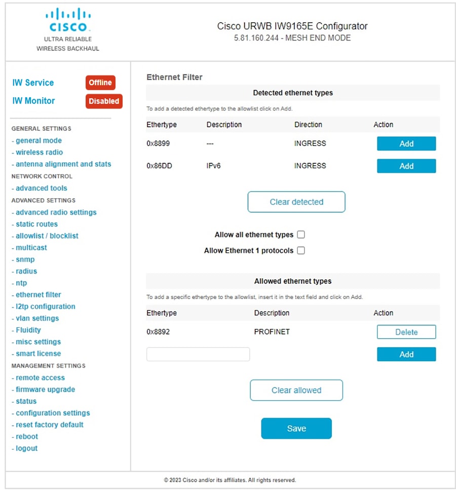 The Ethernet Filter window displays the specific and detected ether types that have been added to the allowlist.