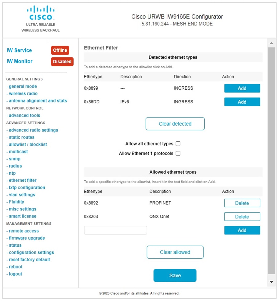 The image displays the specific and detected ether types that have been added to the allowlist in the Layer-2 protocol forwarding configuration.