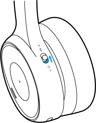 Přepínač Napájení/Bluetooth na levém sluchátku.