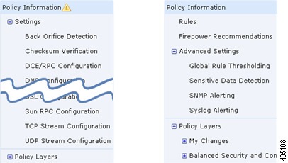 Screenshot comparing the navigation panels in the network analysis policy and intrusion policy editors