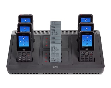 Multiladegerät mit sechs Cisco schnurlos IP-Telefonen 8821 und sechs Ersatzakkus