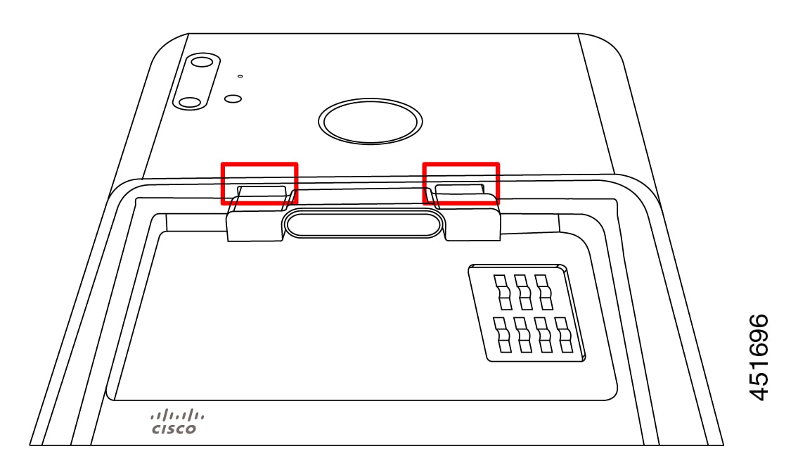 Afbeelding van de achterkant van de telefoon zonder batterij in de telefoon en rode markeringen op de twee batterijsleuven.