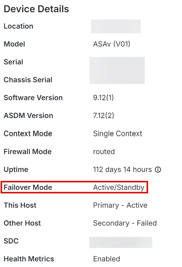 Shows device details of ASA HA pair
