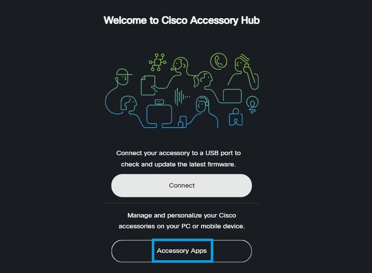 знімок екрана з головною сторінкою Cisco Accessory Hub