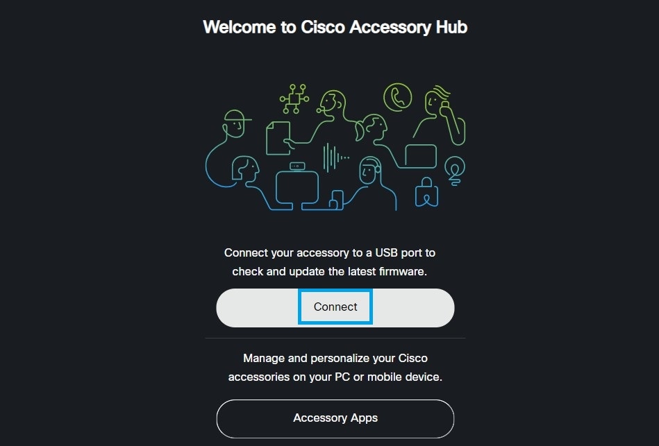 de schermafbeelding van de startpagina van Cisco Accessory Hub
