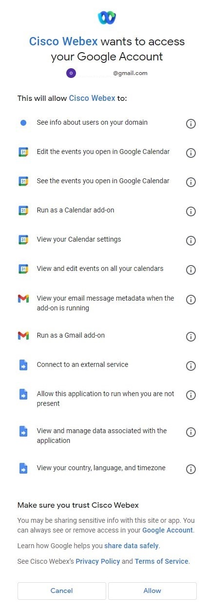 Captura de pantalla de los permisos que solicita Webex cuando habilita el planificador para conectarse a su cuenta de Google