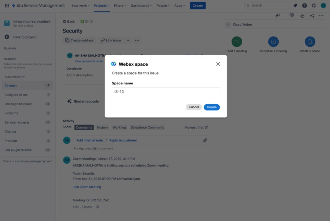 Manage Jira incident tickets in a Webex Space