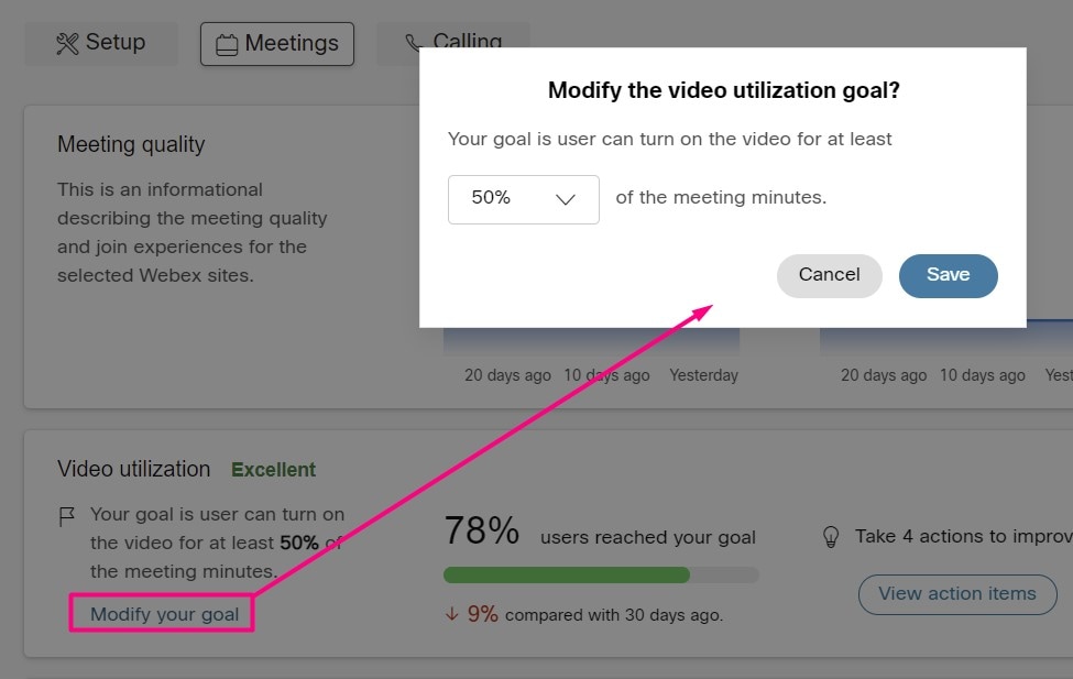 Skærmgrænse for Control Hub, der viser, hvordan du modificerer dit mål for videoudnyttelse