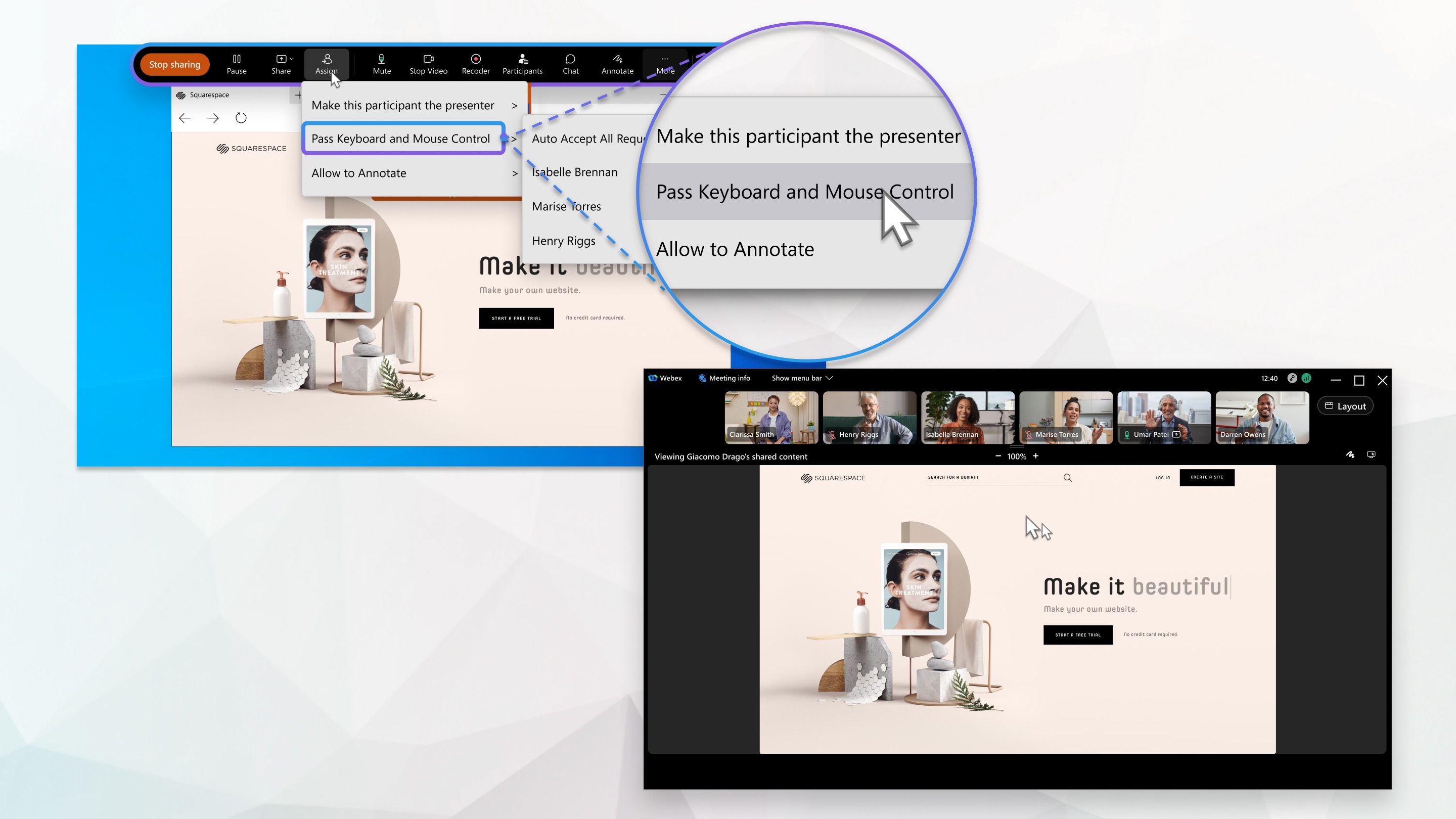 Provide or request remote control in ex Meetings, ex Events