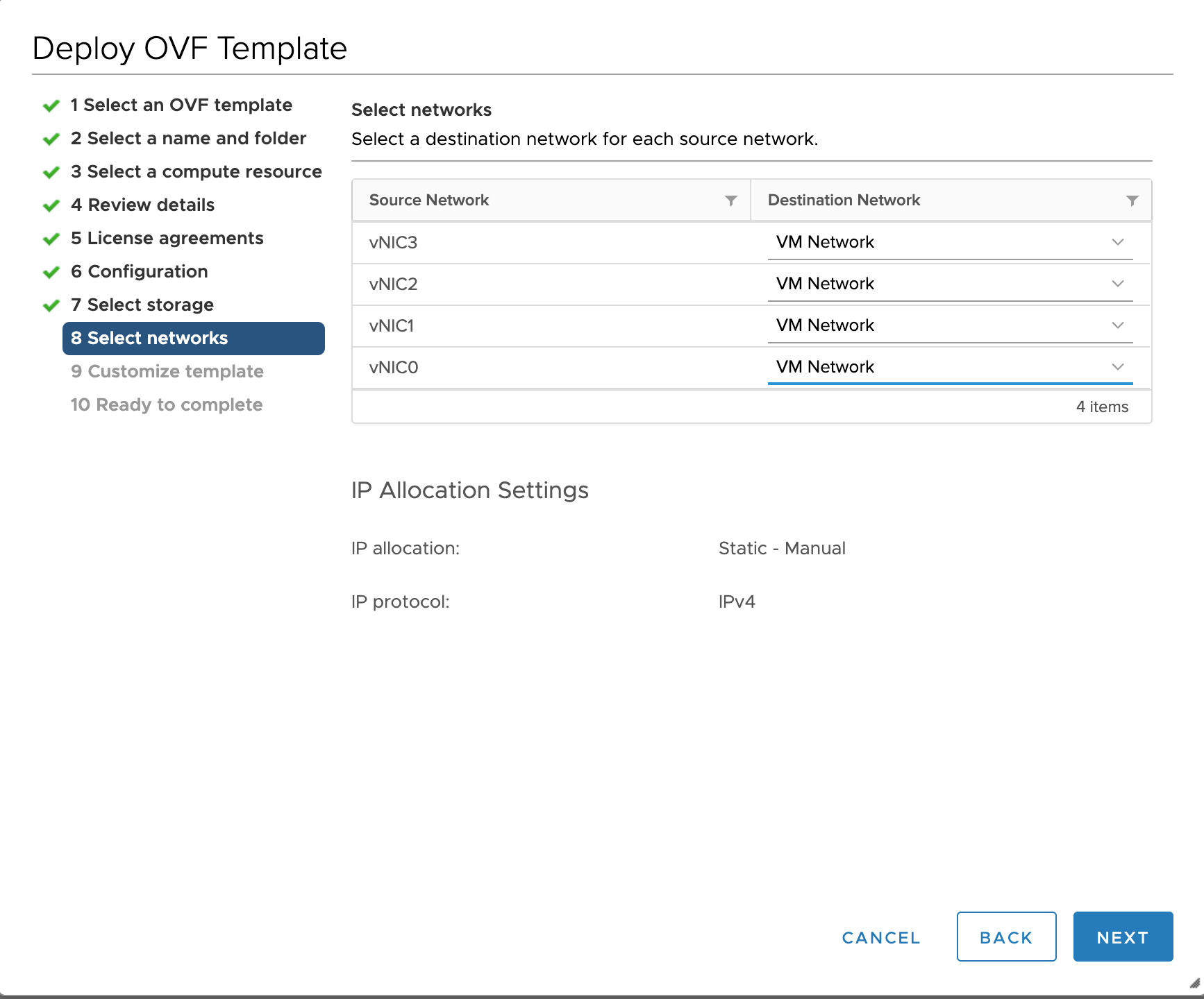 [OVFテンプレートの展開（Deploy OVF Template）] - [ネットワークの選択（Select networks）] ウィンドウ