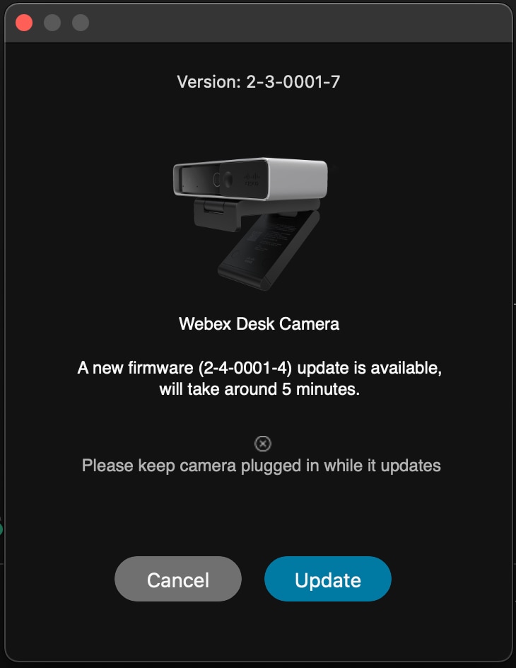 snimak ekrana obaveštenja o ažuriranju na Webex