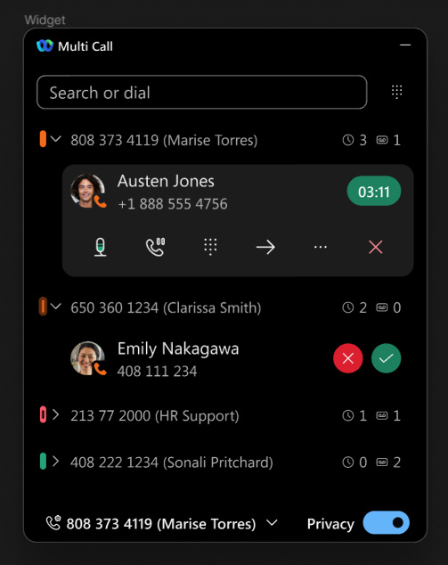 Multi call window, showing controls for users to enter a number, manage different lines, including mid-call features like mute, hold, dialpad, and transfer