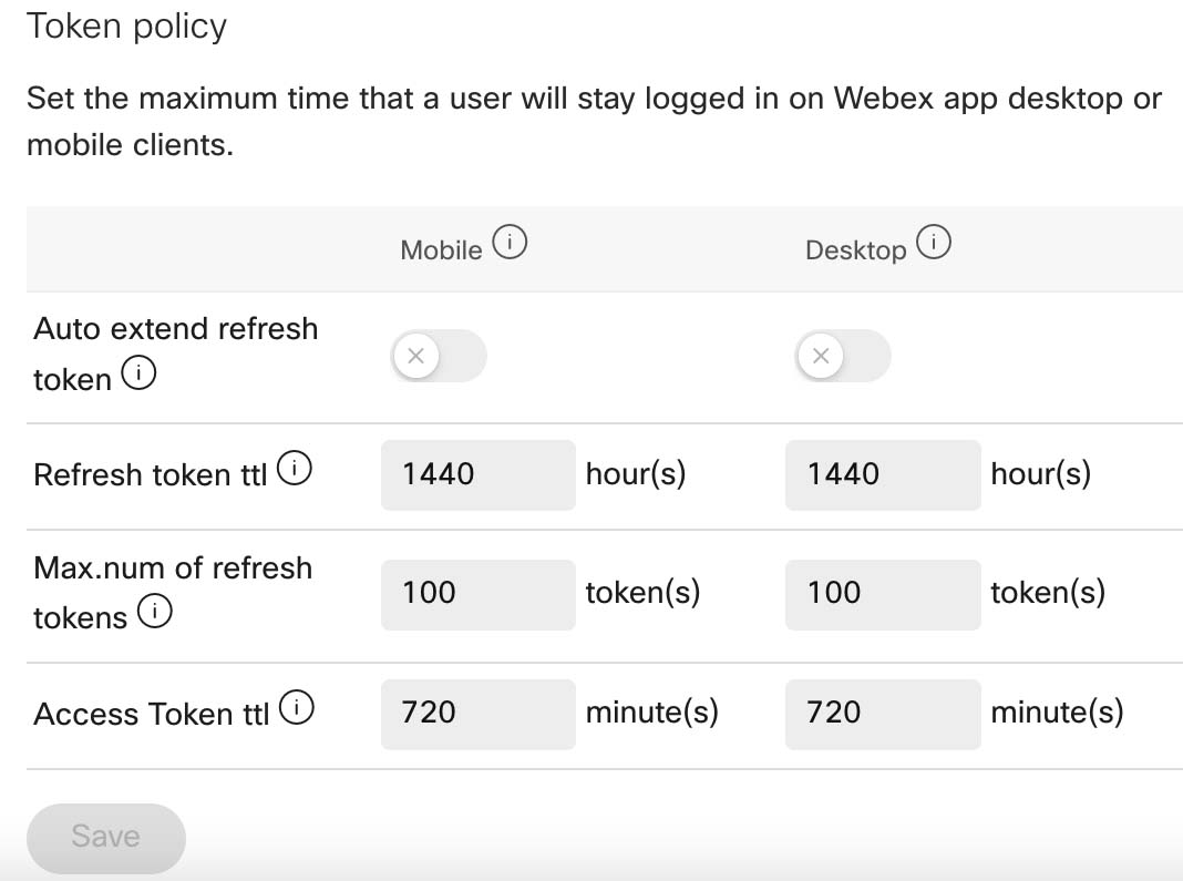 Token policy settings from Control Hub UI