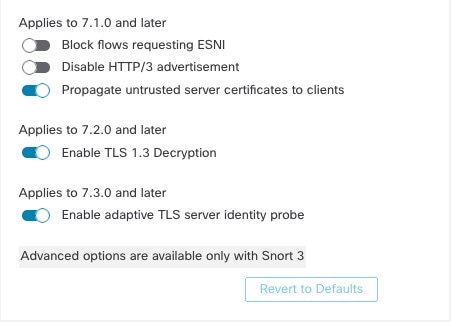 politique de déchiffrement les options avancées vous permettent de définir des options selon la version, telles que l’activation de la sonde d’identité du serveur TLS