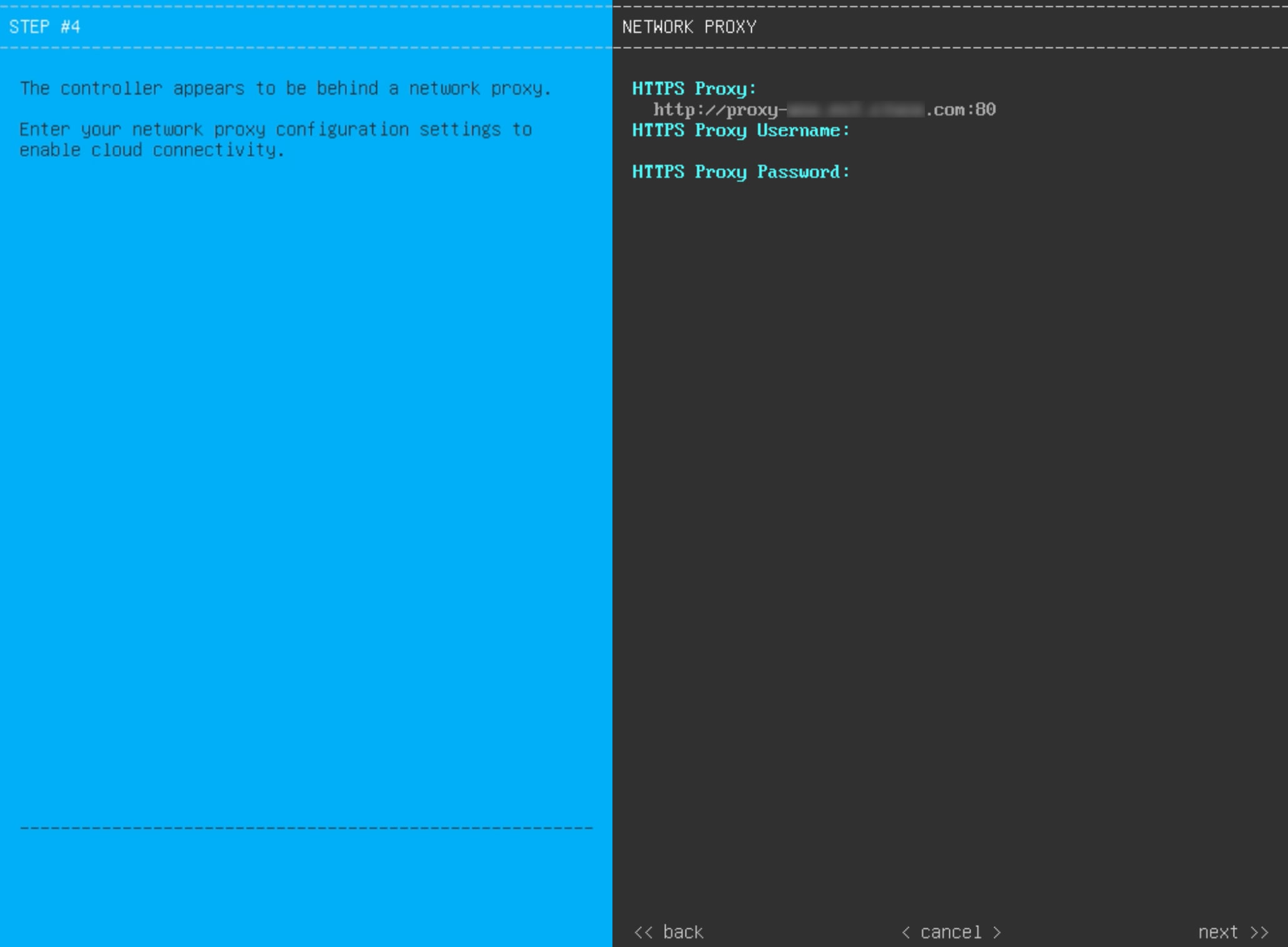The Maglev Configuration wizard displays the step to enter the network proxy configuration settings.