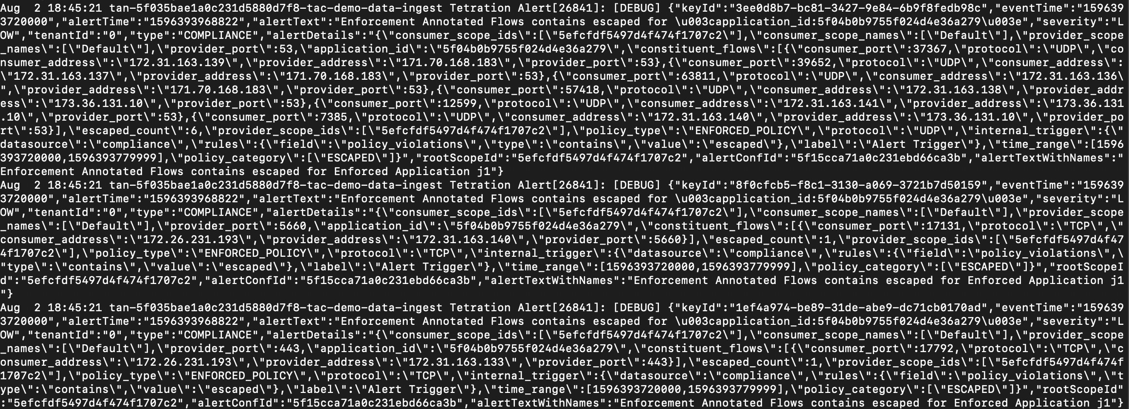 多个 Cisco Secure Workload 警报发送到系统日志的示例