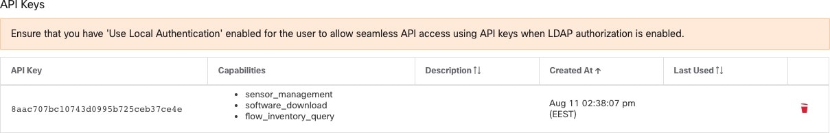 LDAP 認証 API キーの警告