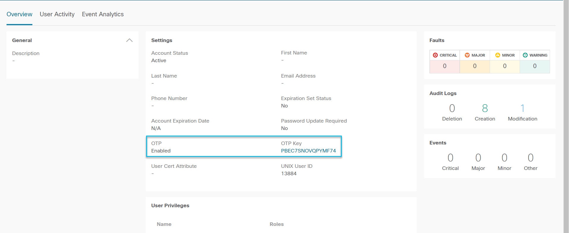 The user details screen displays the OTP key and QR code for enabling OTP-based two-factor authentication for the selected local user.