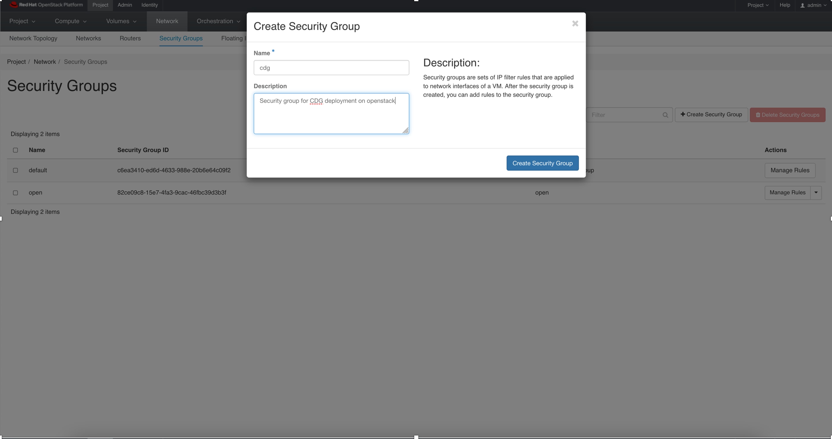 [セキュリティグループの作成（Create Security Group）] ウィンドウ